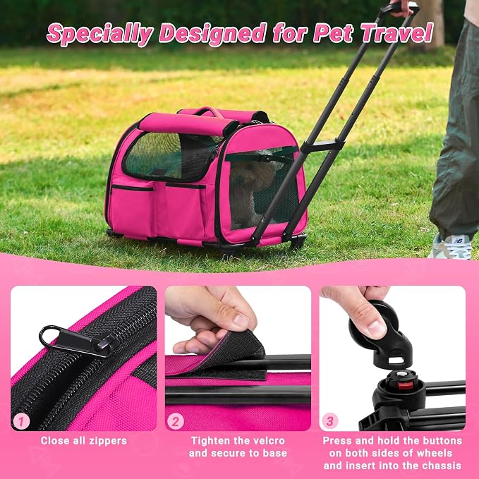 Large Pet Carrier with Wheels, Foldable Rolling Dog Carrier with Big Pocket, Cat Rolling Bag 21"x13"x13" for 2 Cats &Dogs, for Travel, Outdoor, Vet Visits, Camping, Indoor.Pink. (Not for Airline) - Image 4