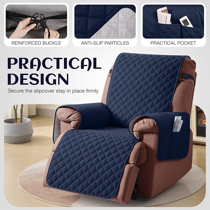 KinCam 100% Waterproof Recliner Chair Covers Washable, 28", Dark Blue | Anti Slip Reclining Couch Covers for Pets Dog, Recliner Sofa Slipcover Storage Pocket, Furniture Protector with Elastic Strap - Image 5