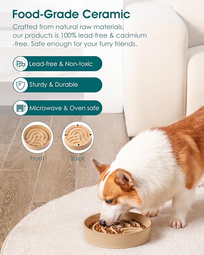 vancasso Slow Feeder Dog Bowl, 1.5 Cup Ceramic Slow Feeding Food Dish for Small and Medium Breed, Puzzle Dog Food Bowl for Fast Eater, Brown - Image 4