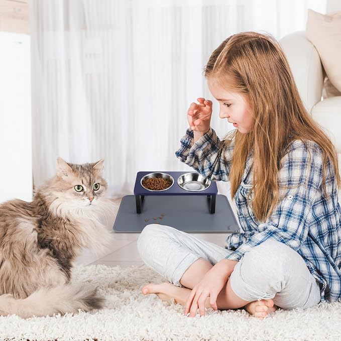 Summark Upgraded Elevated Cat Bowls with Food Mat,15°Tilted Stand Anti Vomiting Raised Cat Dishes for Food and Water,2 Stainless Steel Bowls for Cats and Puppies（Navy Blue） - Image 7