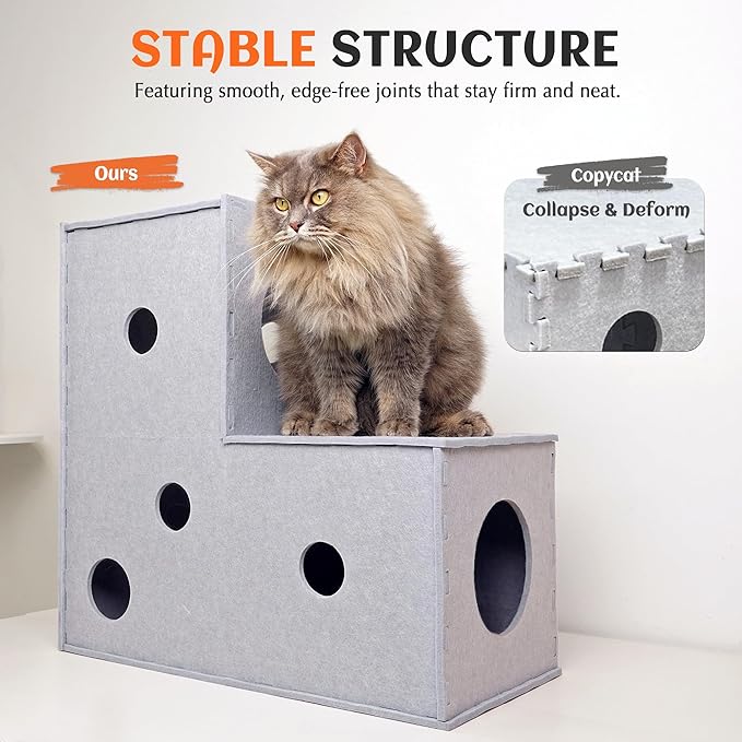 PETKARAY Cat Tunnel, Original Cat Hideaway Cave for Indoor Cats, Large Kitten Play Tubes and Tunnels, Soft Felt Cat Toy with Interactive Peek Hole, Grey L Shape - Image 5