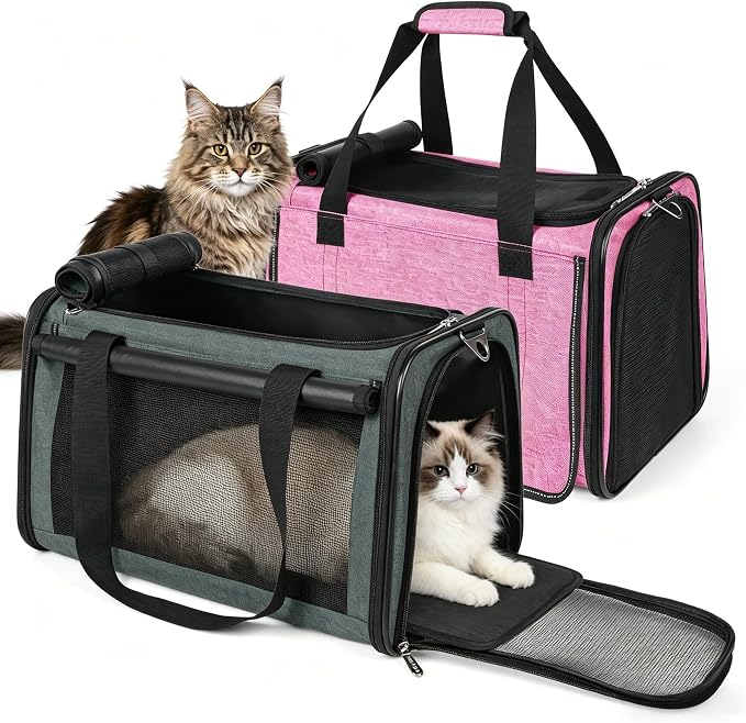 YUDODO 2 Packs 25 lbs Soft Sided Pet Carrier for Large Cat & Small Dog | Airline Approved, Lightproof Breathable Design, Side Pockets, Durable Mesh, Foldable and Portable, Pink+Grey Green - Image 3