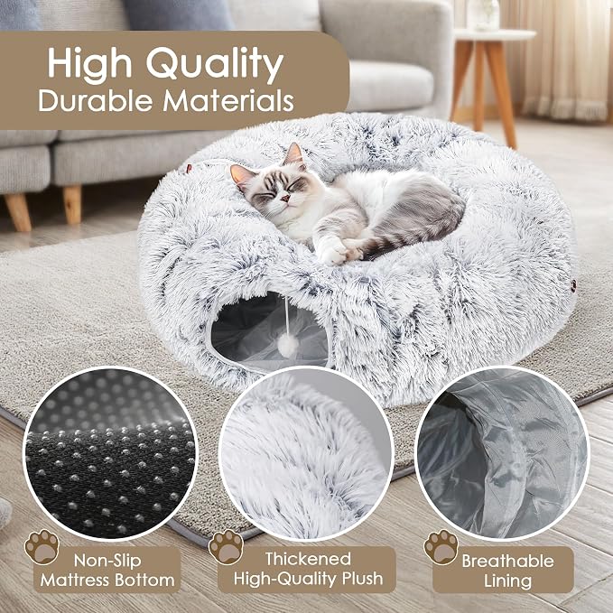 Baseola Fuzzy Cat Tunnel Bed for Indoor Cats, 2-in-1 Interactive Cat Toys | Peekaboo Cat Cave with Washable Mat, Collapsible Cat Play Tunnel for Kittens & Small Pets, Plush Cat Donut Bed Tunnel, Grey - Image 7