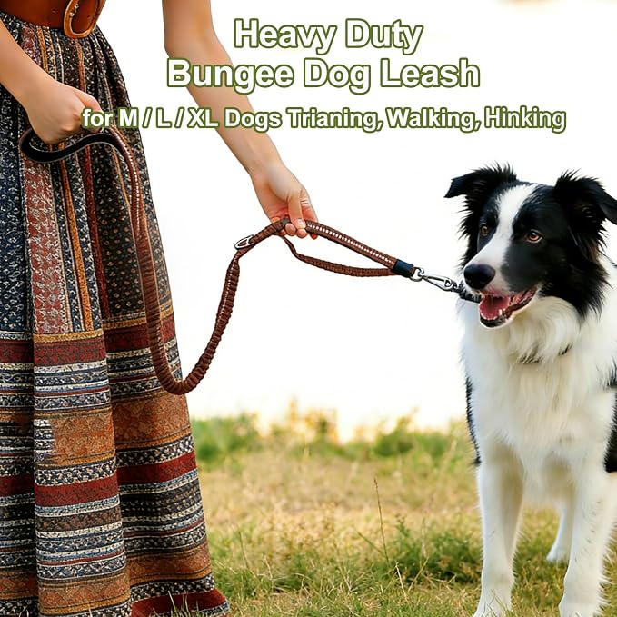 Dog Leash Heavy Duty, Bungee Leash Reflective Car Seat Belt for Dogs Brown | 4-6FT Strong Shock Absorbing Tactical with 2 Padded Handles, Dog Tug Lead for L XLarge Dogs Walking Running Training - Image 5