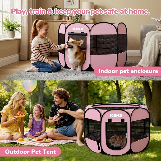 Dog Cat Small Animal Puppy Playpen Crate, Medium, Whole Pink | Portable Pop Up Pet Cage Enclosure Tent Kennel Indoor Outdoor with Carrying Case, No Assembly, Camping Use - Image 5