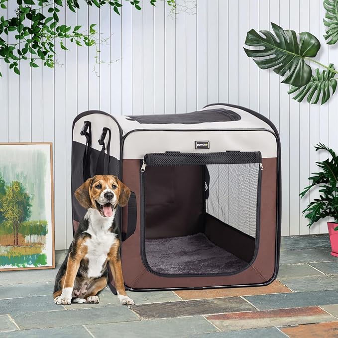 DONORO Dog Kennels and Crates for Medium Dogs, Portable Pop Up Indoor Pet Cage with Sturdy Wire Frame, Collapsible Travel Crate Soft Sided Cat Bag Escape Proof (Brown, 24.0" L x 16.0" W x 19.0" H) - Image 4