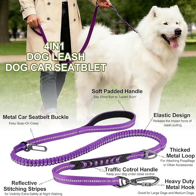 Dog Leash Heavy Duty, Reflective Bungee Leash Seat Belt for L Dogs Purple | 4-6FT Strong Shock Absorbing Tactical with 2 Padded Handles, Dog Tug Lead for Large XL Dogs Walking Running Training - Image 3