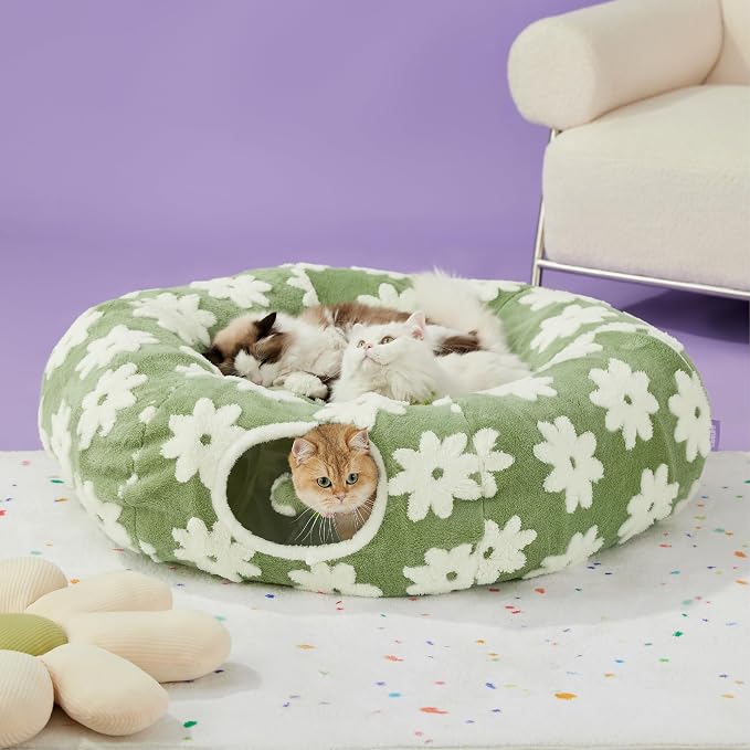 Lesure Donut Cute Jacquard Large Cat Tunnel Bed Kitten Toys for Dog Bunny | 39.5x39.5x10in,Round Large Cat Bed Tube for Multi Kittens,Pet Peekaboo Cave Toy,Spiral Hideaway,Washable Cushion,Green - Image 6