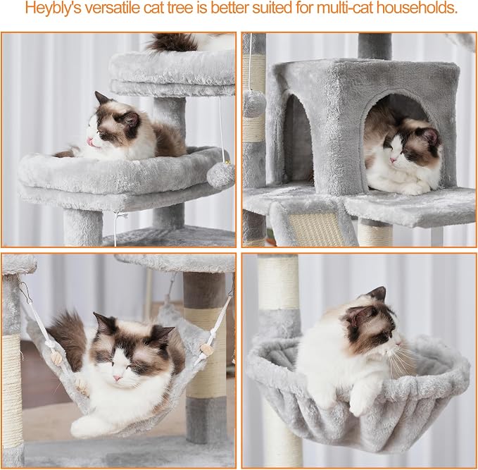 Heybly Cat Tree, 71-Inch-Tall Tower for Indoor Cats with 2 Perches HCT034W | Large Cat Furniture with 2 Big Condos, 2 Hammocks, Basket, Scratching Pad, Multi-Level Cat Condo, Light Gray - Image 5