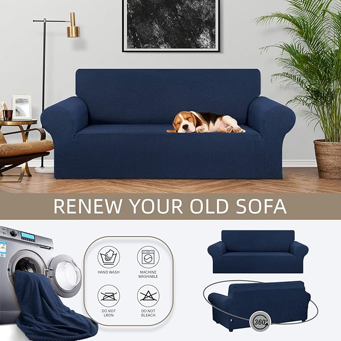 KEKUOU Stretch Loveseat Couch Cover, 2 Cushion Couch Slipcover,Navy Blue | 1-Piece Washable Sofa Cover Pet Friendly (55"-78") Furniture Protector Soft Jacquard, Elastic Bottom for Dogs & Kids - Image 3