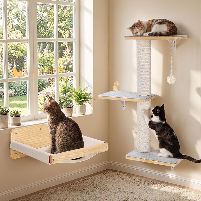 Wall Mounted Cat Shelves Set with Hammock | Sisal Scratching Posts, 3 Wooden Steps, Space-Saving Cat Tree, For Indoor Cats Up to 30 lbs - Image 7