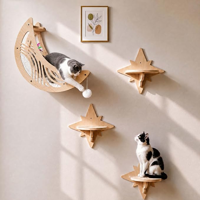 Moon & Star Cat Wall Shelves, Modern Cat Furniture Perch for Indoor Cats | Kitten Shelves with Decorative Cutouts, Space-Saving, Stable & Safe, Paintable, Pre-Drilled, Wood Cat Climbing System - Image 5