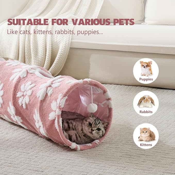 Straight Cat Tunnel for Indoor Cats 47"x12", Pink Flower | Cute Cat Toys, Collapsible Tunnel Tube with Hanging Balls for Puppy Kitten Rabbit - Image 3