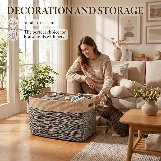 75L Large Cotton Rope Basket, Soft Toy Storage Bin for Nursery & Living Room, Decorative Blanket Basket for Bedroom, Baby-Safe Organizer for Pillows &Laundry, 22''×17''×12'', Brown & Black - Image 7