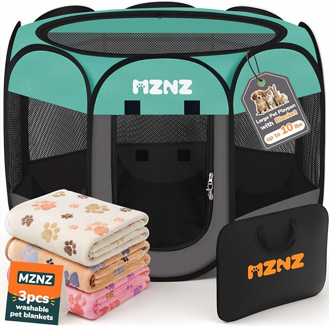Dog Cat Small Animal Puppy Playpen Crate with 3 Blankets, Small, Blue | Portable Pop Up Pet Cage Enclosure Tent Kennel Indoor Outdoor with Carrying Case, No Assembly, Camping Use by MZNZ