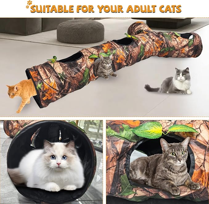 Cat Tunnels for Indoor Cats Large, 3 Way Cat Tunnel with 5 Holes and Leaves, Cat Tunnel Toy with Loud Paper - Pop Up Collapsible - Connect More Tunnels for Large Cat, Puppy, Kitten - Image 4