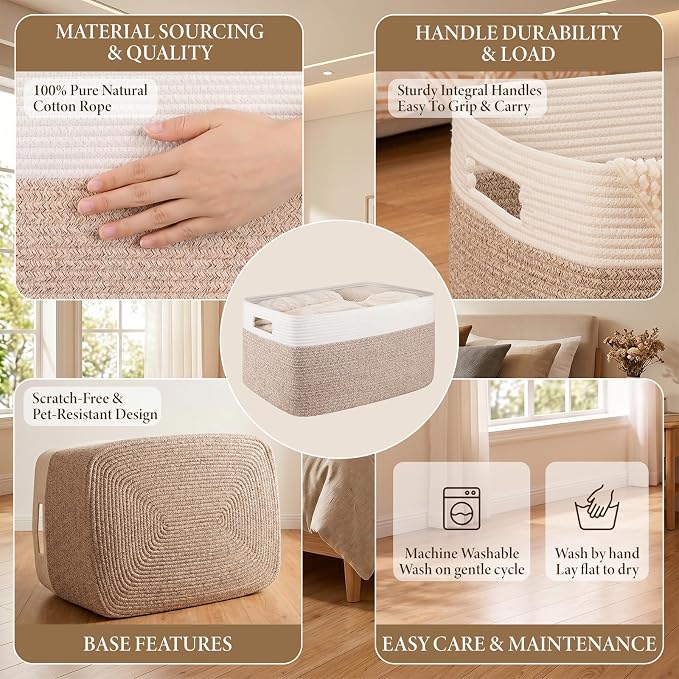 75L Large Cotton Rope Basket, Soft Toy Storage Bin for Nursery & Living Room, Decorative Blanket Basket for Bedroom, Baby-Safe Organizer for Pillows &Laundry, 22''×17''×12'', Brown and White - Image 3
