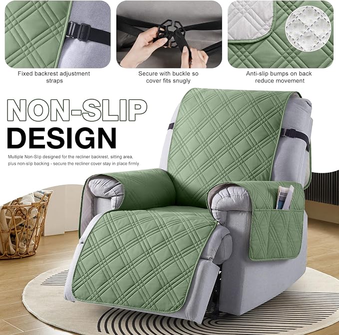 TAOCOCO 100% Waterproof Recliner Chair Cover, Non Slip Recliner Covers for Recliner Chair with Pocket, Washable Reclining Chair Cover Furniture Protector for Kids,Dogs(23.6'', Bean Green) - Image 6