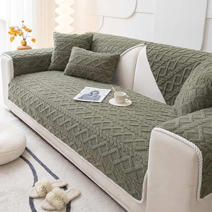 vctops Geometric Jacquard Plush Sofa Couch Covers Farmhouse Neutral Non Slip Sectional Couch Cover Soft Warm Sofa Slipcover for Dogs, Children, Pets Furniture Protector (Army Green,43"x70") by vctops