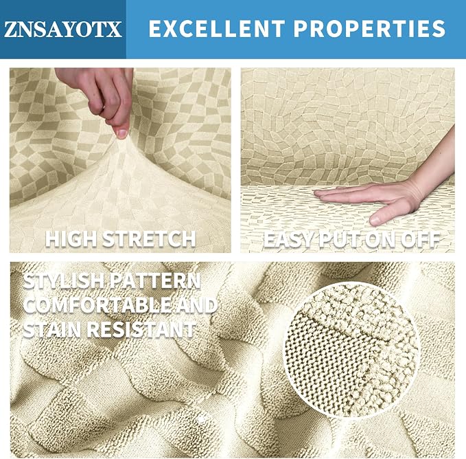 ZNSAYOTX 1 Piece Stretch Sofa Covers for 3 Cushion Couch (72"-90"), New Plaid Couch Cover with Non-Slip Buckle for Dog Pets, Ultimate Soft Cozy Washable Sofa Slipcover Form Fit Protector, Beige - Image 3