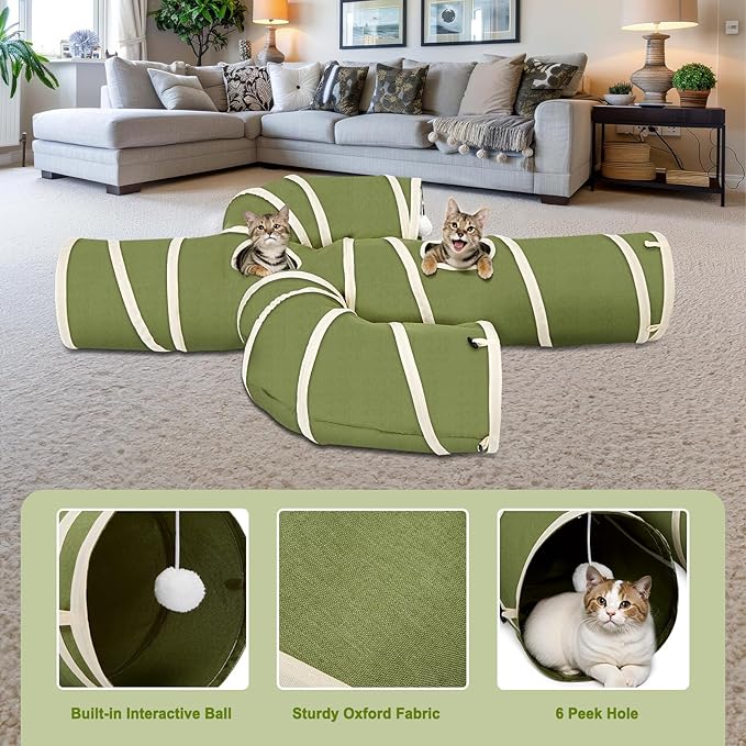 Ownpets Cactus Cat Tunnel 10" with Peek Holes for Indoor Large Cat, Green | Durable Oxford fabric, noise-free, foldable & connectable, multi-cat friendly, tube for cats up to 20lb, includes ball & wand - Image 2