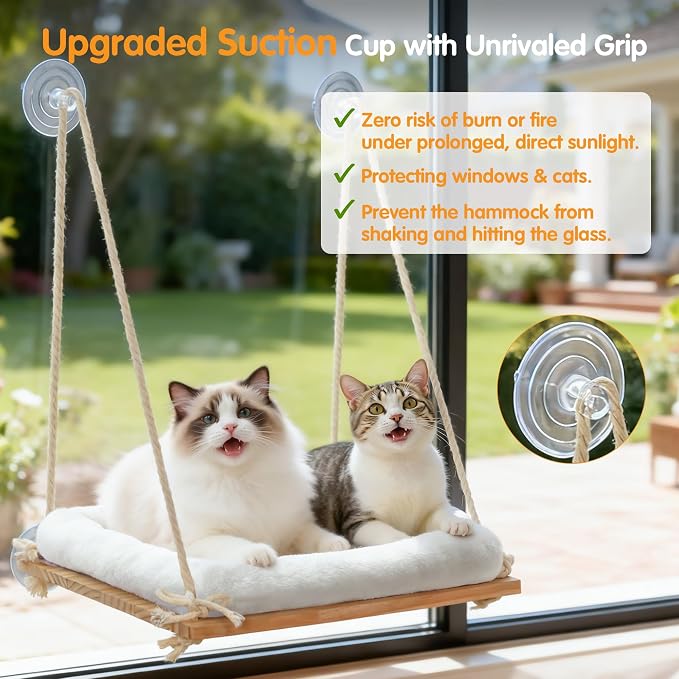 Large Cat Window Perch Hammock, Solid Wood Seat & Plush Cushion | 4 heavy-duty suction cups, sturdy wooden perch for XL & large cats, comfortable indoor window cat bed & hammock - Image 3