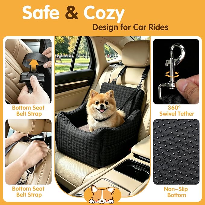 Topmart Dog Car Seat for Small Medium Dogs Under 35lbs, Cozy Pet Seat | Foam Safety Dog Booster Seat for Back Seat, Pet Bed for Car with Safety Tether, Storage Pockets, Machine Washable Cover Black - Image 5