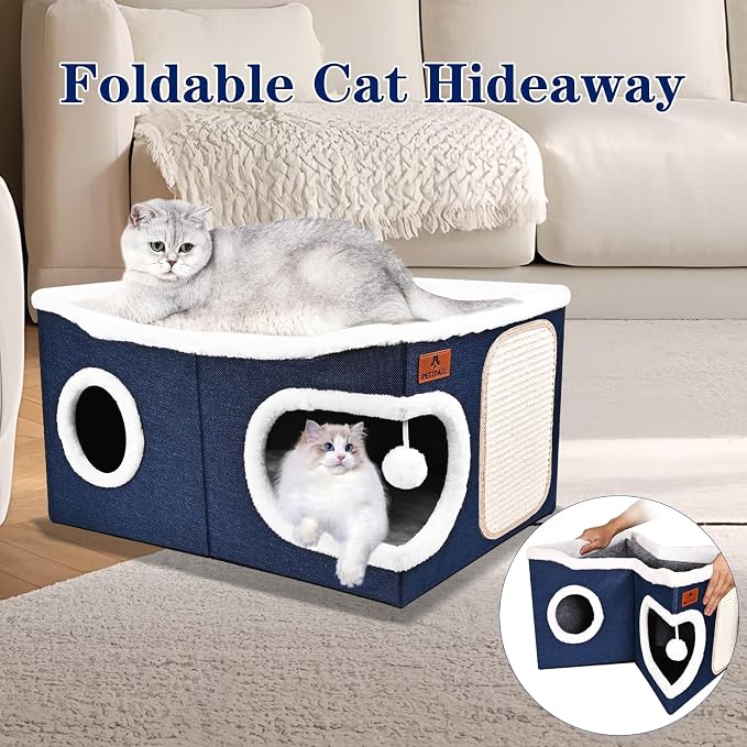 Extra Large Cat Beds for Indoor Cats, Covered Cat Cave Beds & Furniture with Scratch Pad and Fluffy Ball, Foldable Cat Condo Hideaway with Reversible Cushion for Multi Small Pet Large Kittens, Blue - Image 6