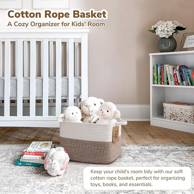 Goodpick Woven Rope Storage Basket for Shelves, Rectangle, Brown | 13" × 10" × 9" Stylish Gift Basket for Bedroom & Living Room Organization, Cotton Rope Baskets for Toys & Towels Storage - Image 2