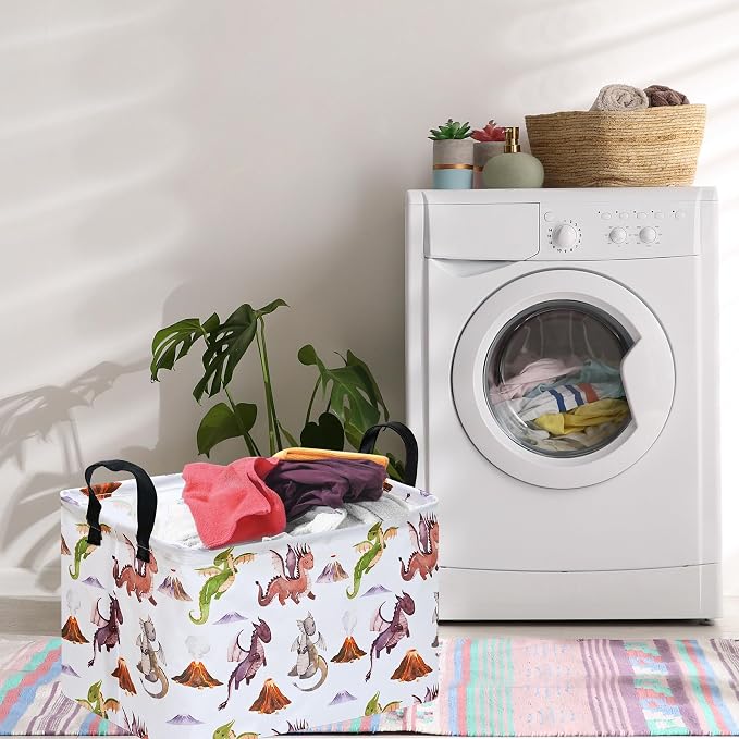 Round Laundry Basket Gragon Nursery Hamper Storage Bins Dinosaur room Decor | Waterproof Canvas Collapsible Storage Basket With Sturdy Handles Multi-scene Organizer Dinosaur For Play Bedroom Decor Gift - Image 4