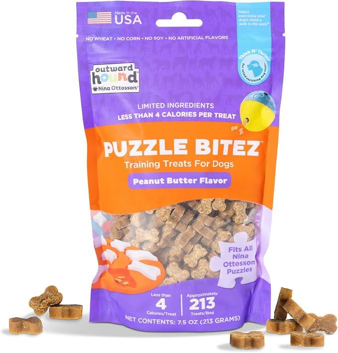 Outward Hound Nina Ottosson Puzzle Bitez Dog Treats, Peanut Butter, 7.5 oz | USA Made, Healthy Bite-Sized Treats for Training Reward & Interactive Puzzle Toys, No Artificial Additives, Dogs & Puppies by OutwardHound