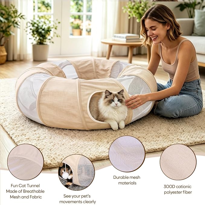 Ownpets Collapsible Cat Tunnel Toy - 2-in-1 Interactive Play Tunnel for Cat up to 18 lbs, Tear-Resistant Mesh, Fold to 2 Inches Thick, Portable Cat Exercise & Entertainment Tunnel, 12" Diameter, Khaki - Image 2