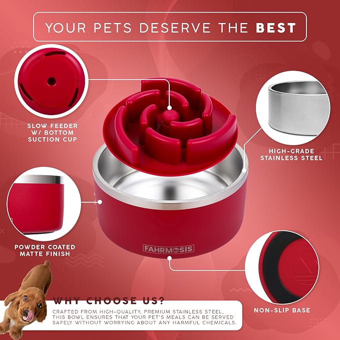 FAHRMOSIS 32 Oz Dog Bowl with Slow Feeder Insert Stainless Steel Pet Water Bowl for Medium & Large Breed Non Slip Rubber Base & Plastic Puzzle Feeder - Red - Image 2