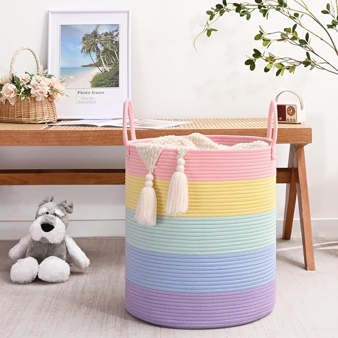 Laundry Hamper for Organizing, 52L Large Laundry Baskets, Cotton Rope Woven Blanket Basket, Collapsible Laundry Hamper for Living Room, Nursery, 15"×18", Light Rainbow - Image 3