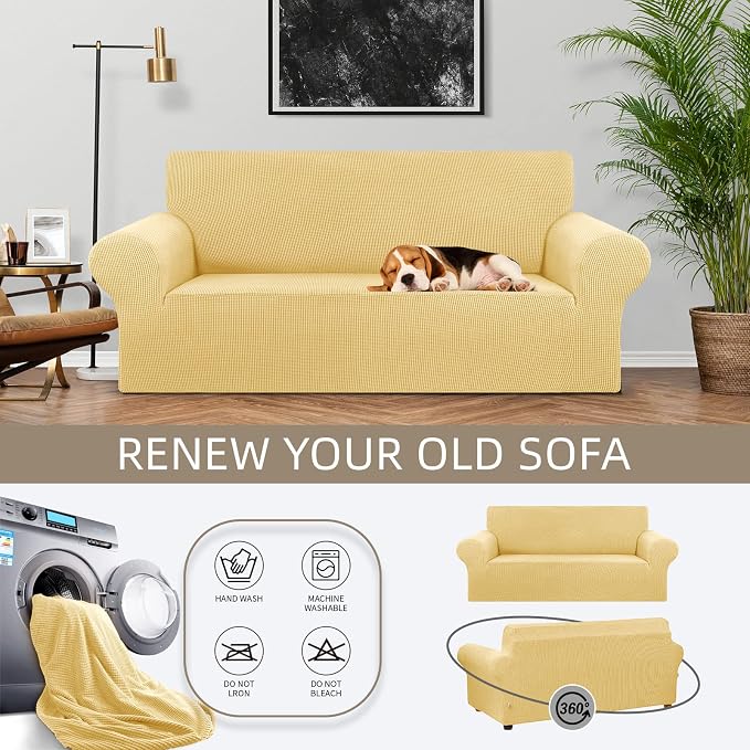 KEKUOU Stretch Loveseat Couch Cover, 2 Cushion Couch Slipcover,Champagne | 1-Piece Washable Sofa Cover Pet Friendly (55"-78") Furniture Protector Soft Jacquard, Elastic Bottom for Dogs & Kids - Image 3