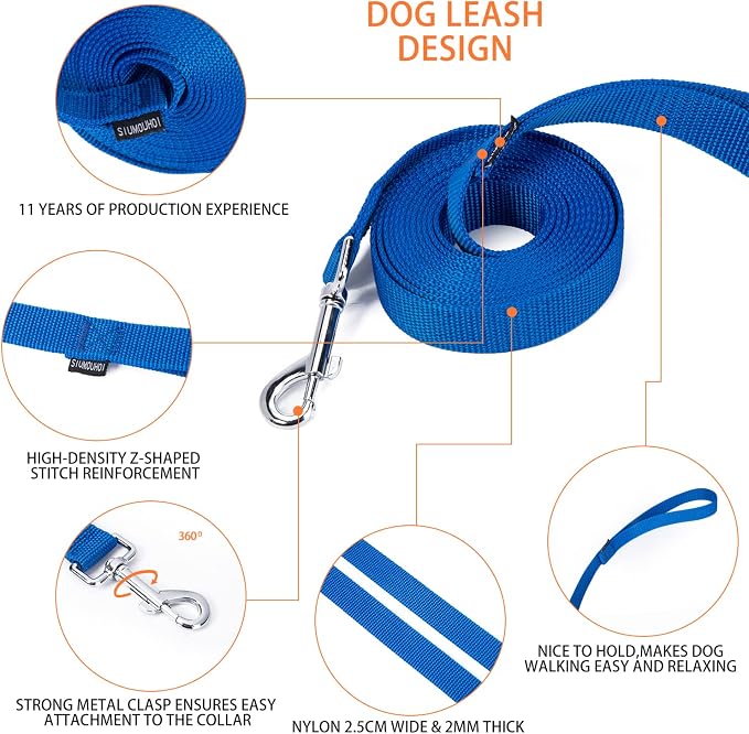 Strong Durable Nylon Dog Training Leash, 1 Inch Wide Traction Rope, 6 ft 10ft 15ft Long, for Small and Medium Dog (Blue, 10 Feet) - Image 4