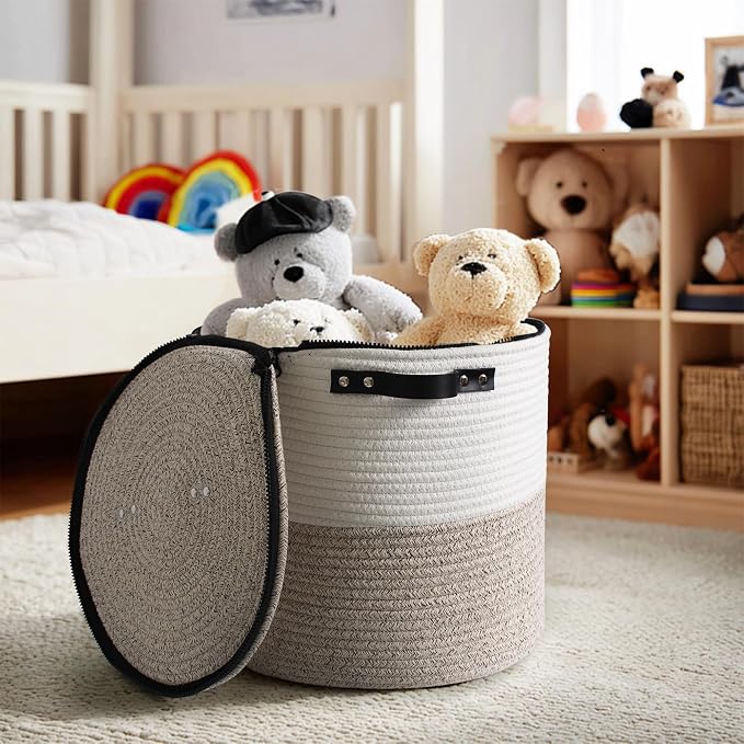 Storage Basket with Lid, 18"x14" Large Woven Blanket Storage for Living Room, Round Cotton Rope Bin with Zipper Top, Shoe Basket with Lid for Entryway, Floor Kids Dog Toy Bin Box with Cover - Image 5