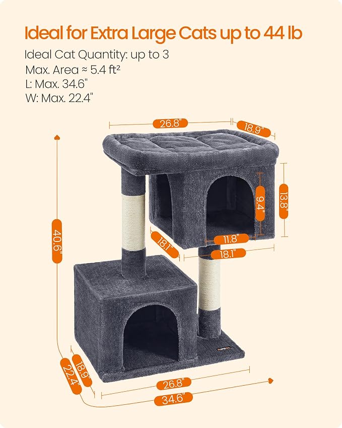 Feandrea Cat Tree, 40.6-Inch Cat Tower, Plush Condo for Extra Large Cats up to 44 lb, Large Perch, 2 Caves, Scratching Post, Smoky Gray UPCT614G01 - Image 6