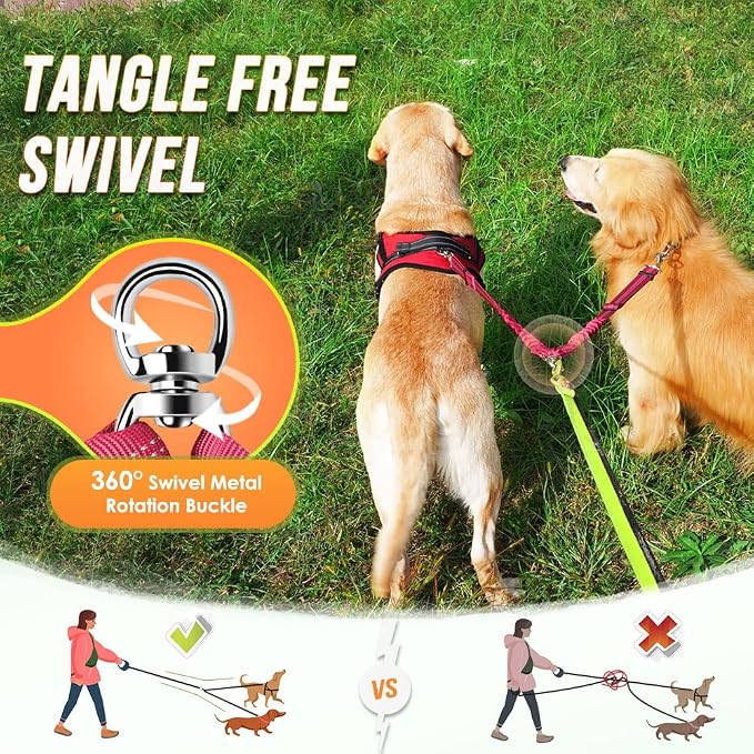 AUTOWT Double Dog Leash, No Tangle 360°Swivel Rotation Reflective Lead Attachment Adjustable Length Dual Two Dogs Lead Splitter, Comfortable Shock Absorbing Walking Training for 2 Dogs - Image 2