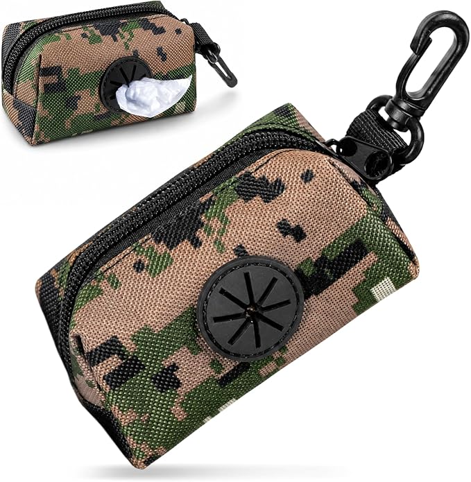 Poop Bag Holder for Leash, Large Opening Soft Fabric Doggy Waste Bag Dispenser with Zipper Camouflage Pattern Pouch for Easy Pull Out, Pet Poop Carrier with Clip for Retractable Leash Walking by Vin+Beauty