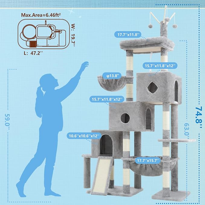 Hey-brother Cat Tree Tower with 3 Condos, Step Climbing Pathway MPJ081W | 74.8 Inches Scratching Post with 3 House, Hammock, Large Basket, Cozy Bed, Sisal Board, Toys for Big Indoor Cats, Light Gray - Image 2