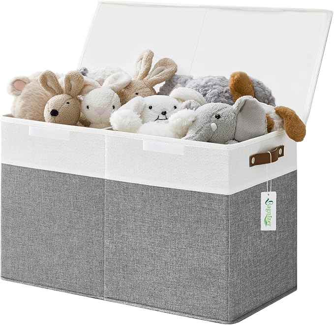 Bagnizer Large Toy Storage Box with Lids, Collapsible Sturdy Baby Storage Organizer Chest Bin Basket for Kids, Boys, Girls, Playroom, Nursery, Bedroom, Closet 25"x13"x16" (Gray and White) by Bagnizer