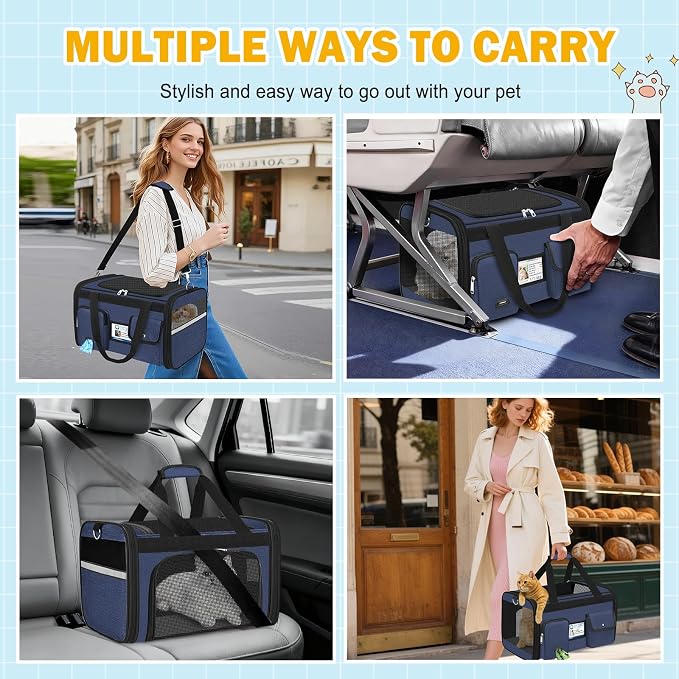 HUANLANG Large Cat Carrier Soft Sided Travel Pet Carrier Airline Approved | Dog Carriers for Small Dogs Medium Cats,Collapsible,3 Storage,zipper lock,Reflective strips,Luggage Strap, Up to 15 Lbs - Image 7