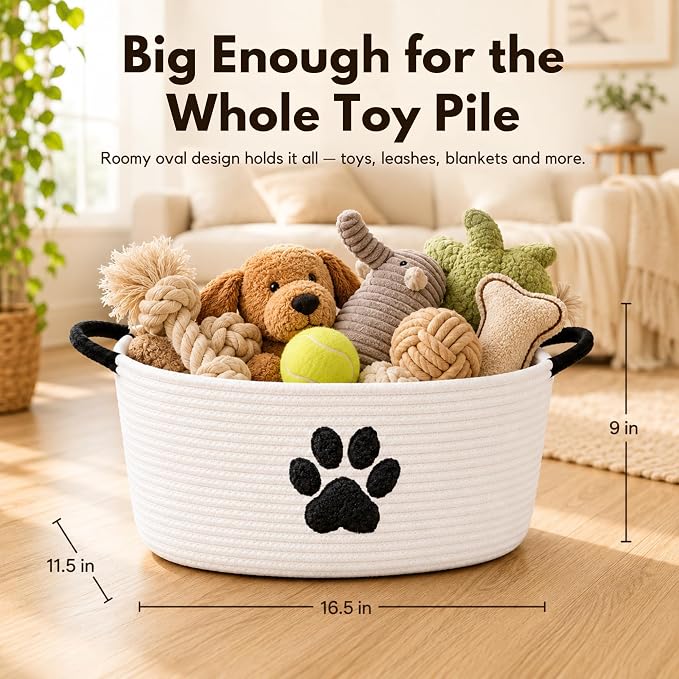 Dog Toy Basket with Handles, Cotton Rope Storage Bin Organizer for Pets | Holds toys, blankets, leashes & dog stuff. Spot clean, collapsible, free-standing woven bin with embroidered paw. - Image 3