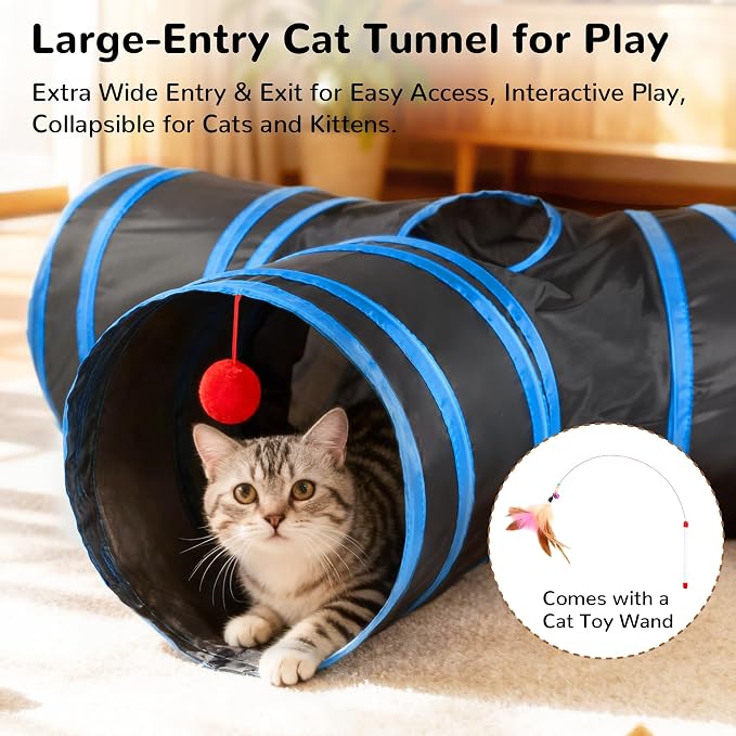 Tempcore Cat Tunnel for Indoor Cats, 3 Way Collapsible Pet Play Tunnel with Teaser Wand, Peek Holes & Hanging Ball, Interactive Tube for Kittens & Rabbits, Black & Royal Blue - Image 4