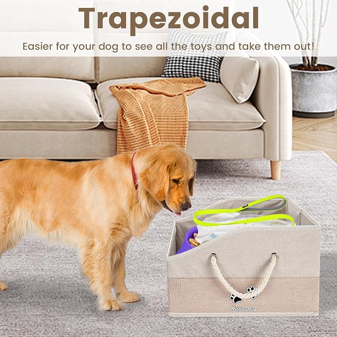 Large Dog Toy Basket with Handle, Foldable Dog Toy Box for Living Room Area , 20" Basket for Dog's Supplies, Organizer and Storage with Hard Board, Anti-Slip for Pet Toys (Beige, Medium 20"×15") - Image 3
