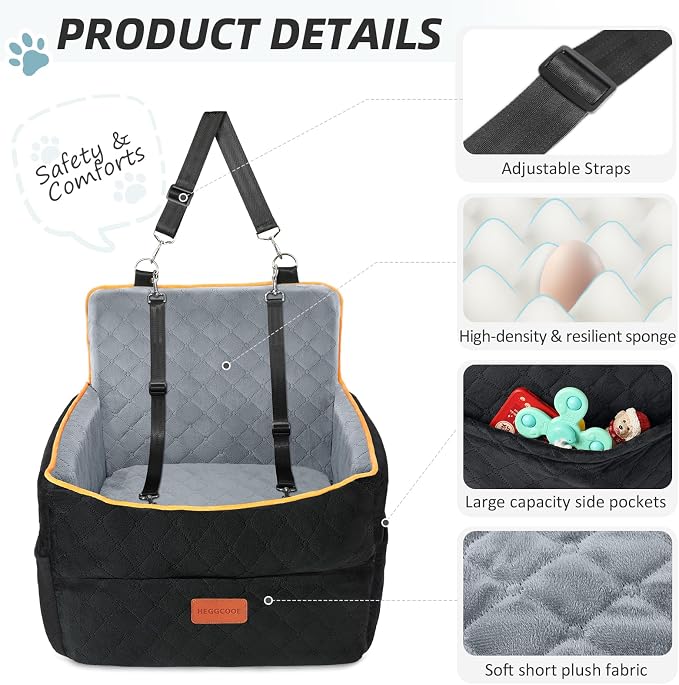 HEGGCOOE Small Dog Car Seat, Memory Foam Dog Booster Seats with Thick Cushion for Medium Dogs Under 35lbs, Detachable Washable Pet Car Seat Bed with Storage Pockets,2 Safety Belts - Image 4