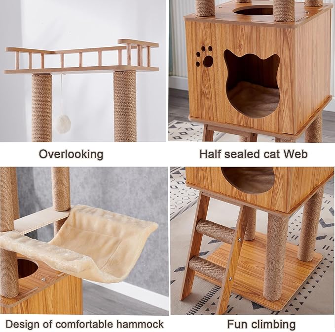 61'' Wooden cat Tree with cat Condo, Cat Stairs Scratching Posts, 2 Bowl,Sisal Scratching Posts,Cozy Cat Hammock and Top Perch. Cat Tree for Large Cats. - Image 5