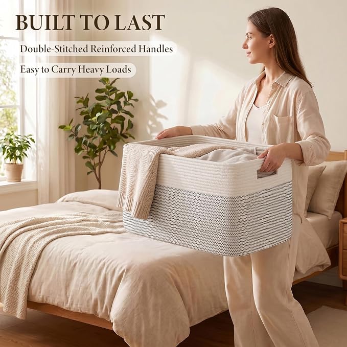 75L Large Cotton Rope Basket, Soft Toy Storage Bin for Nursery & Living Room, Decorative Blanket Basket for Bedroom, Baby-Safe Organizer for Pillows &Laundry, 22''×17''×12'', Black & White - Image 4