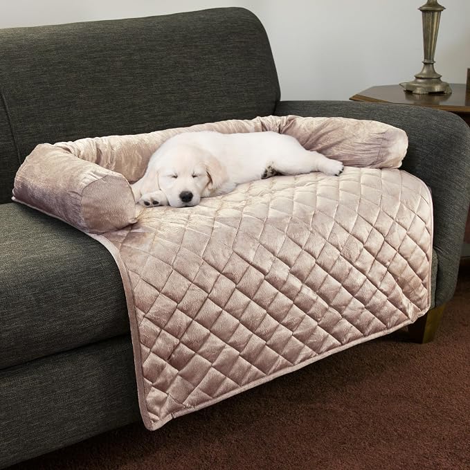Couch Cover for Dogs - 35x35 Pet Furniture Protector with Memory Foam Neck Bolster, Quilted Fabric, and Water-Resistant Base Layer by PETMAKER (Beige by PETMAKER
